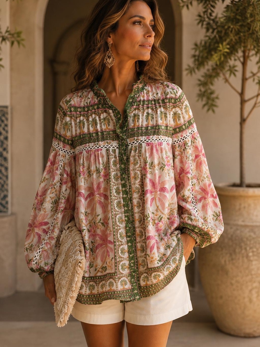Farm Rio Floral Pink and Green Boho Peasant Blouse
